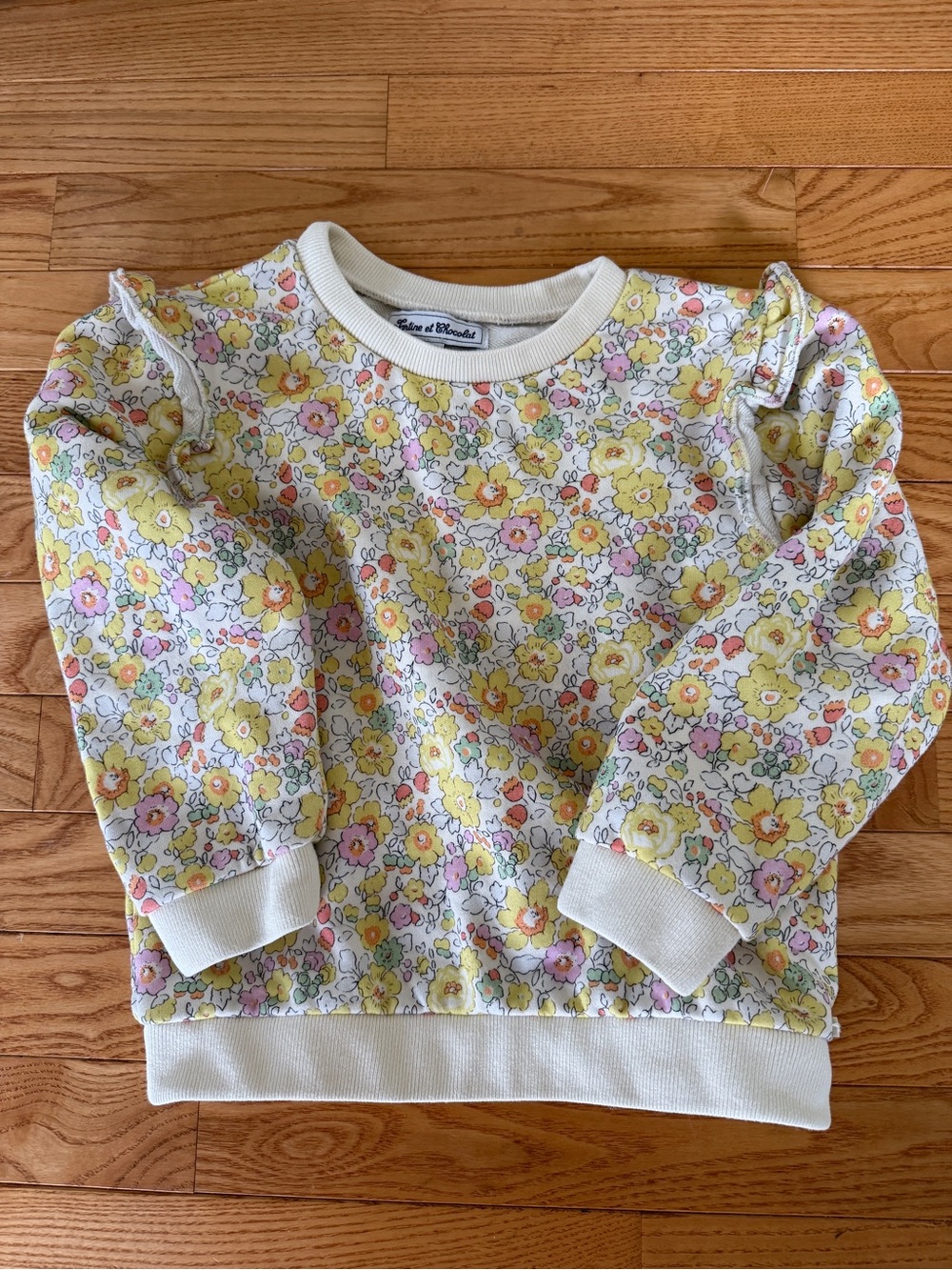 Tartine et Chocolat Cream Floral Ruffle Shoulder Sweatshirt